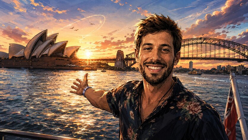 João Vasconcelos in Sydney with the Opera House and Harbour Bridge in the background